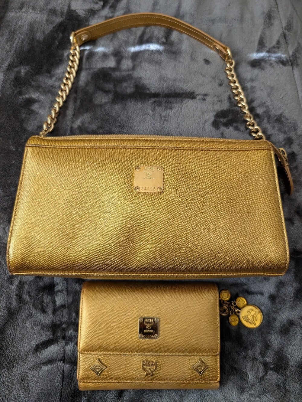 MCM Gold Leather Shoulder Bag and Wallet W/Charms Set In Gorgeous Condition!